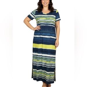 Marie Claire Beach Boho Striped Short Sleeve Maxi Shirt Dress XL Blue Green NWT